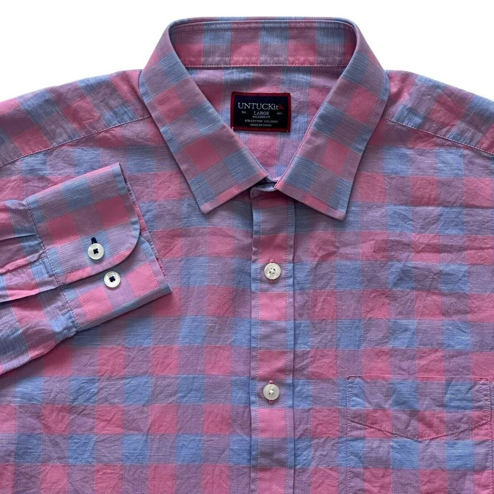 Untuckit Shirt Mens Large  Pink Blue Plaid Linen Blend Button Down Preppy Casual
